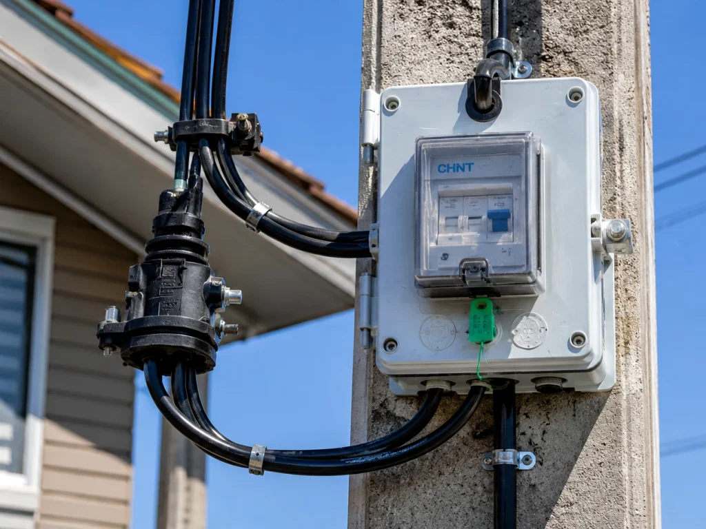 Empalme electrico con caja CHNT sobre poste, Servicios Volts