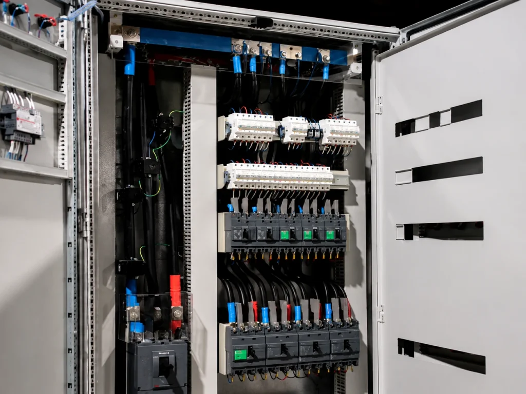 Tablero de distribucion industrial abierto con breakers y barras, fabricado por Servicios Volts