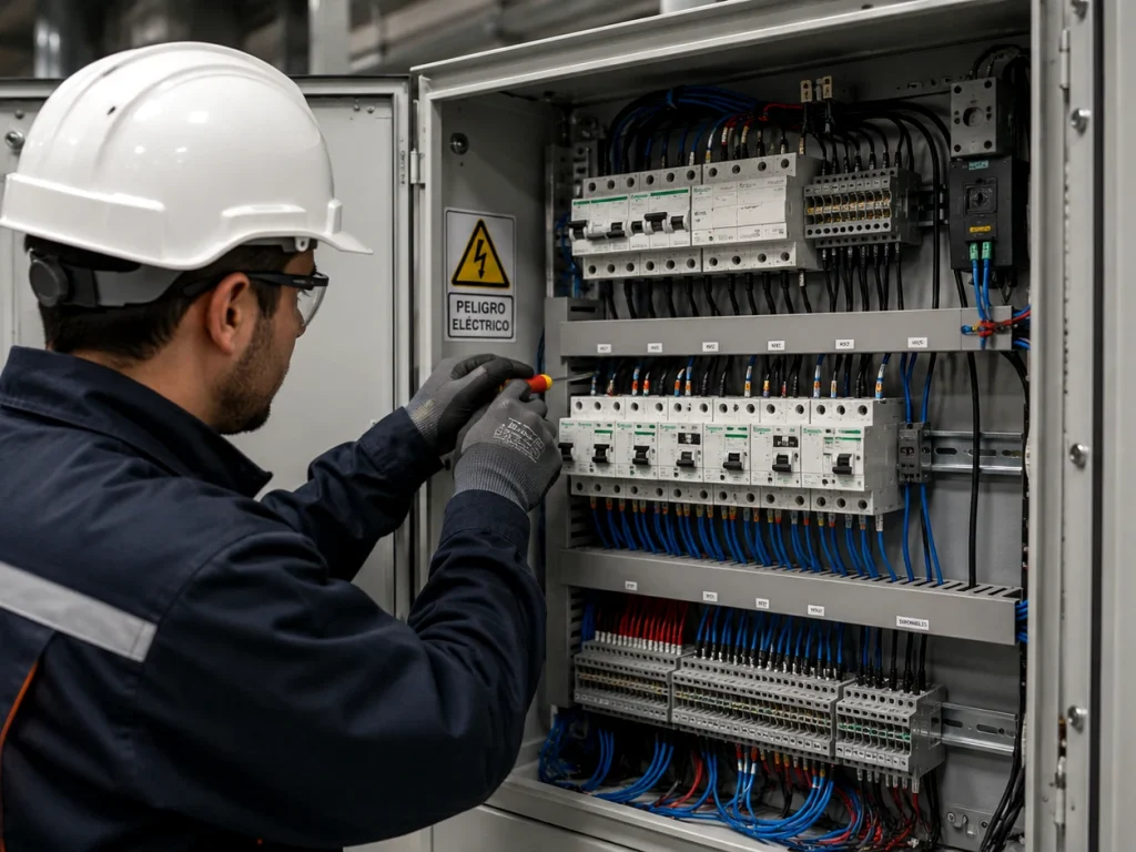 Tecnico de Servicios Volts trabajando en tablero electrico industrial en terreno